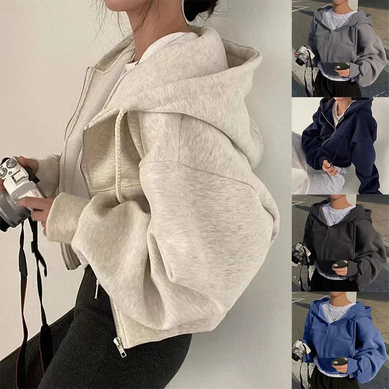 2024 Primavera/Autunno Nuova felpa con cappuccio foderata in pile, versatile, cropped a taglio slim che definisce la silhouette, con zip, blu navy, calda, da donna