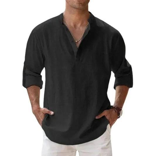 Camicie Henley da uomo a maniche lunghe, in cotone-lino, stile streetwear, leggere