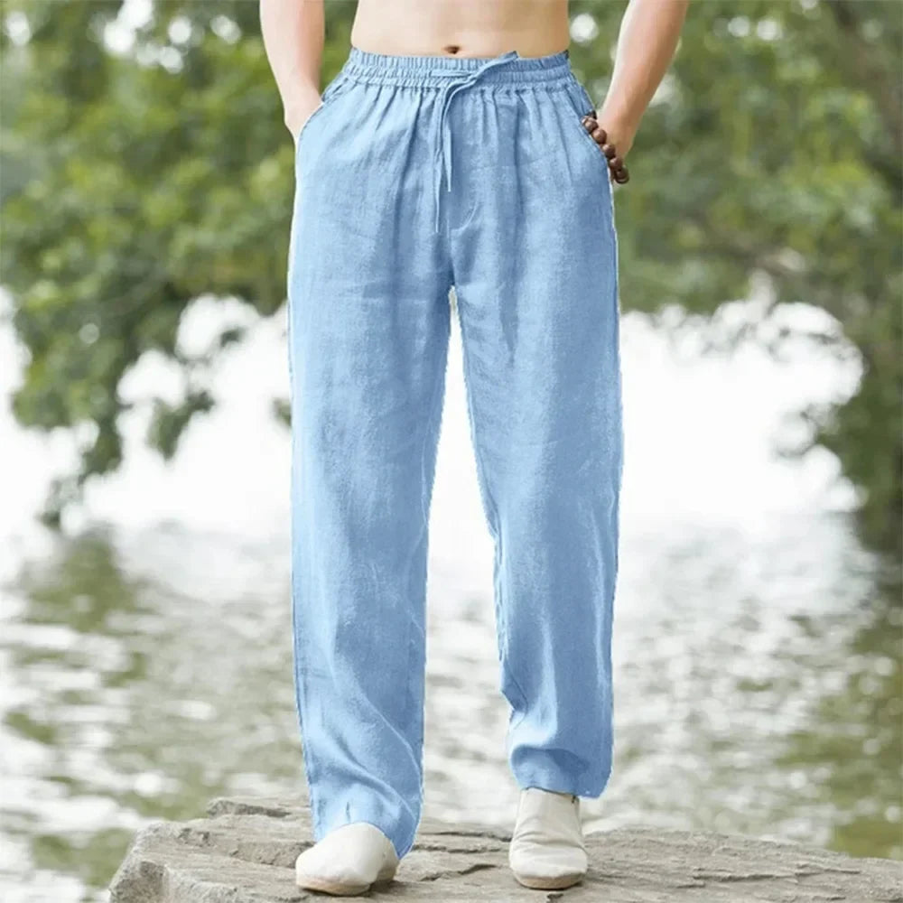 Pantaloni estivi da uomo in cotone e lino oversize a gamba larga