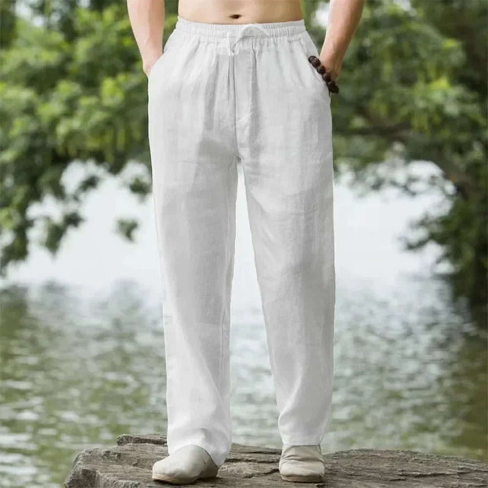 Pantaloni estivi da uomo in cotone e lino oversize a gamba larga