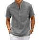 Camicia da uomo in cotone e lino, collo Henley, con tasca, casual da spiaggia