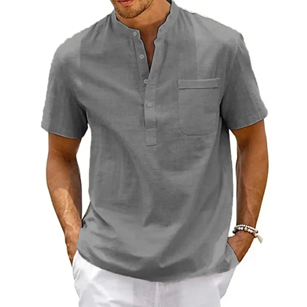 Camicia da uomo in cotone e lino, collo Henley, con tasca, casual da spiaggia
