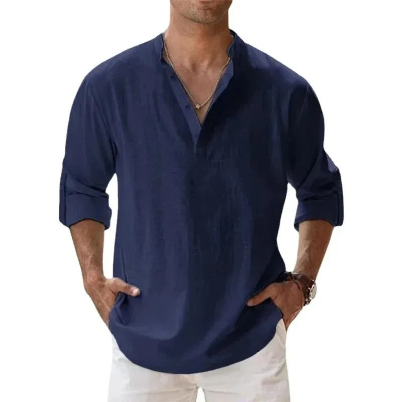 Camicie Henley da uomo a maniche lunghe, in cotone-lino, stile streetwear, leggere
