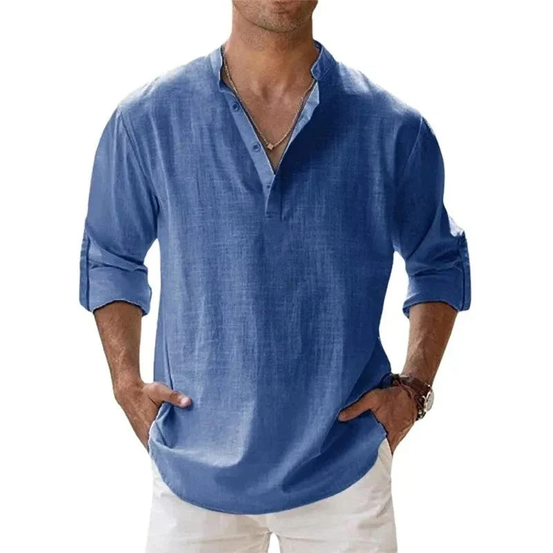 Camicie Henley da uomo a maniche lunghe, in cotone-lino, stile streetwear, leggere
