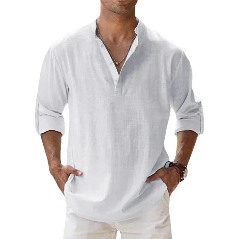 Camicie Henley da uomo a maniche lunghe, in cotone-lino, stile streetwear, leggere