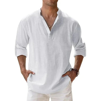 Camicie Henley da uomo a maniche lunghe, in cotone-lino, stile streetwear, leggere