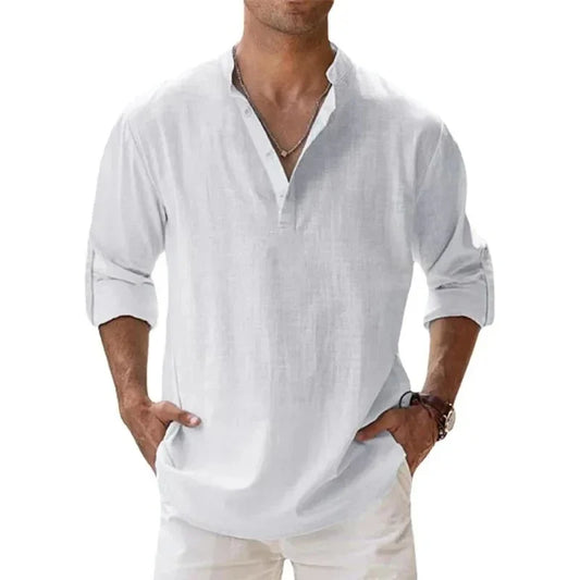 Camicie Henley da uomo a maniche lunghe, in cotone-lino, stile streetwear, leggere