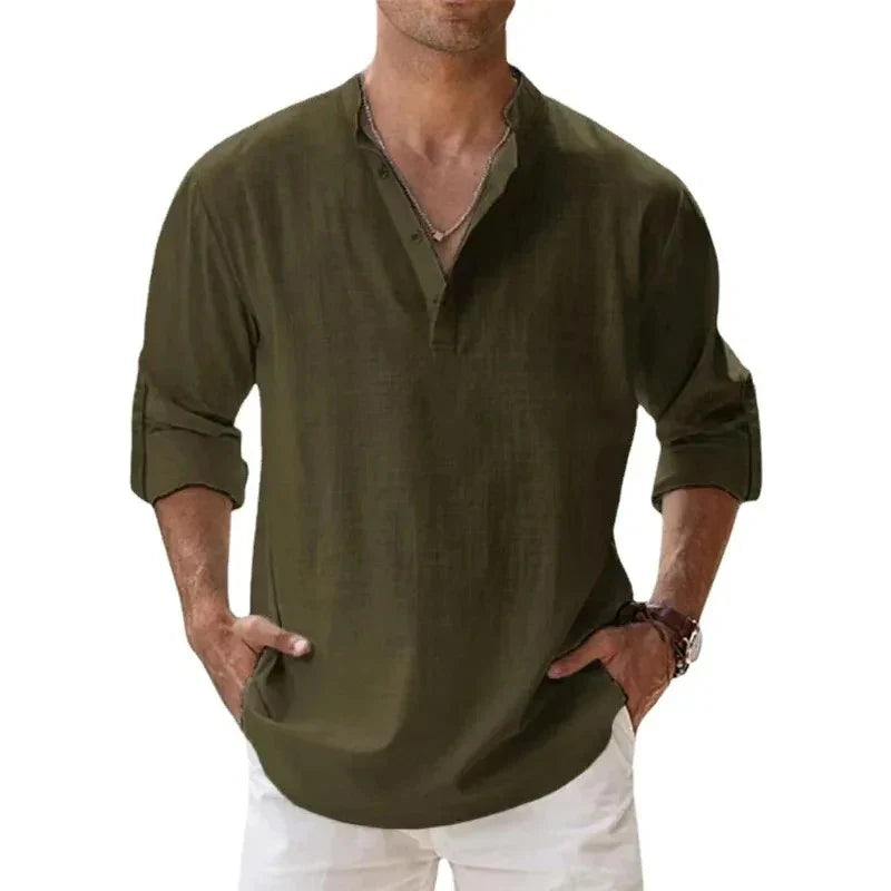 Camicie Henley da uomo a maniche lunghe, in cotone-lino, stile streetwear, leggere