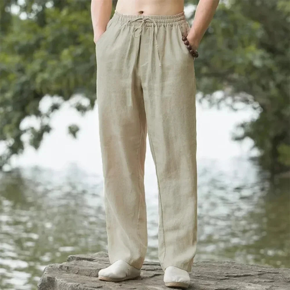 Pantaloni estivi da uomo in cotone e lino oversize a gamba larga
