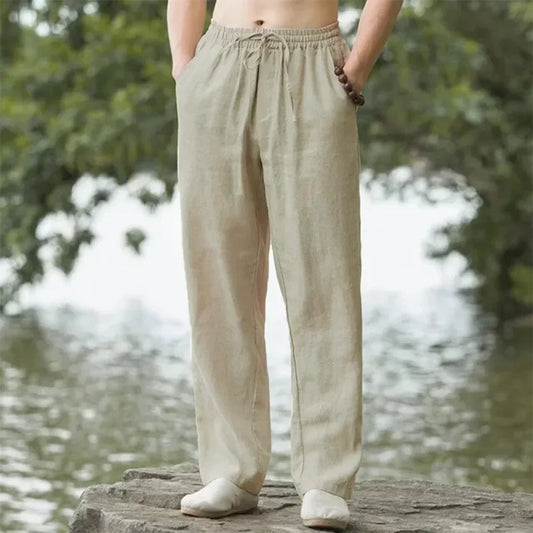Pantaloni estivi da uomo in cotone e lino oversize a gamba larga