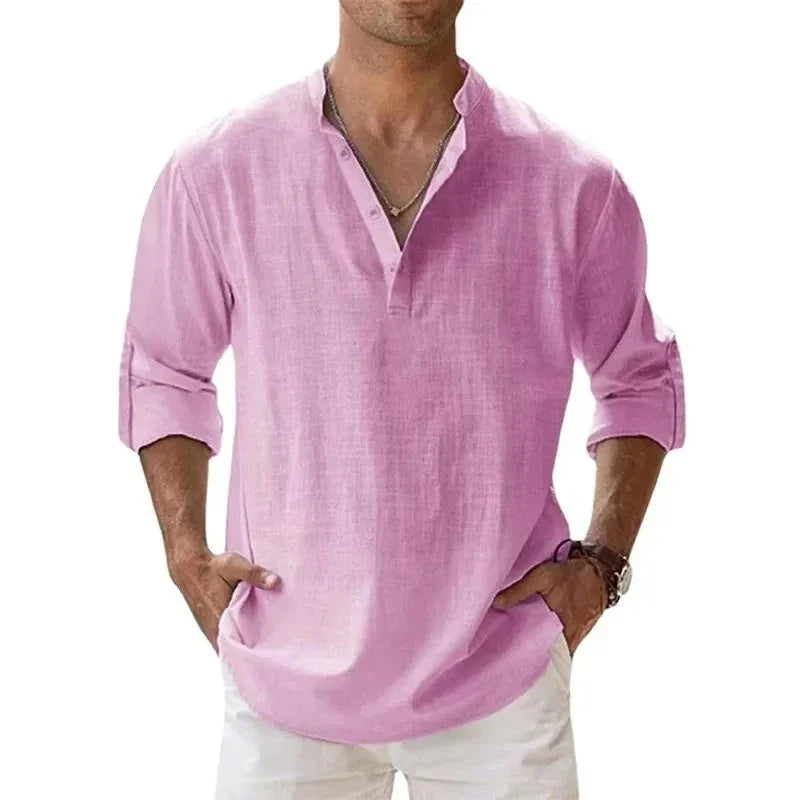 Camicie Henley da uomo a maniche lunghe, in cotone-lino, stile streetwear, leggere