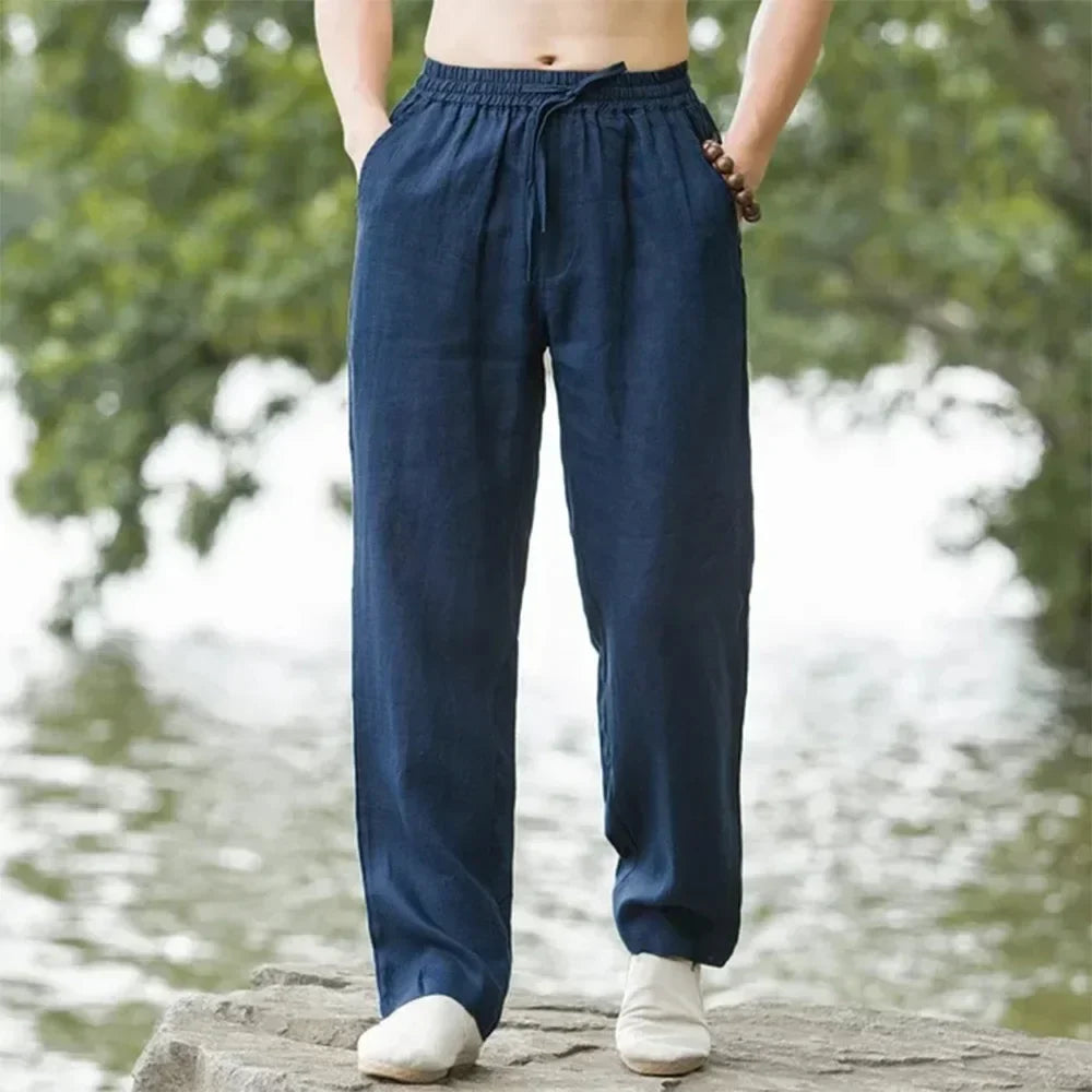 Pantaloni estivi da uomo in cotone e lino oversize a gamba larga
