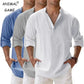 Camicie Henley da uomo a maniche lunghe, in cotone-lino, stile streetwear, leggere