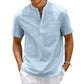 Camicia da uomo in cotone e lino, collo Henley, con tasca, casual da spiaggia