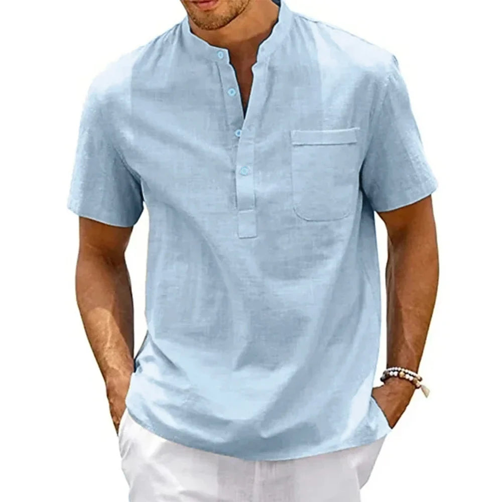 Camicia da uomo in cotone e lino, collo Henley, con tasca, casual da spiaggia