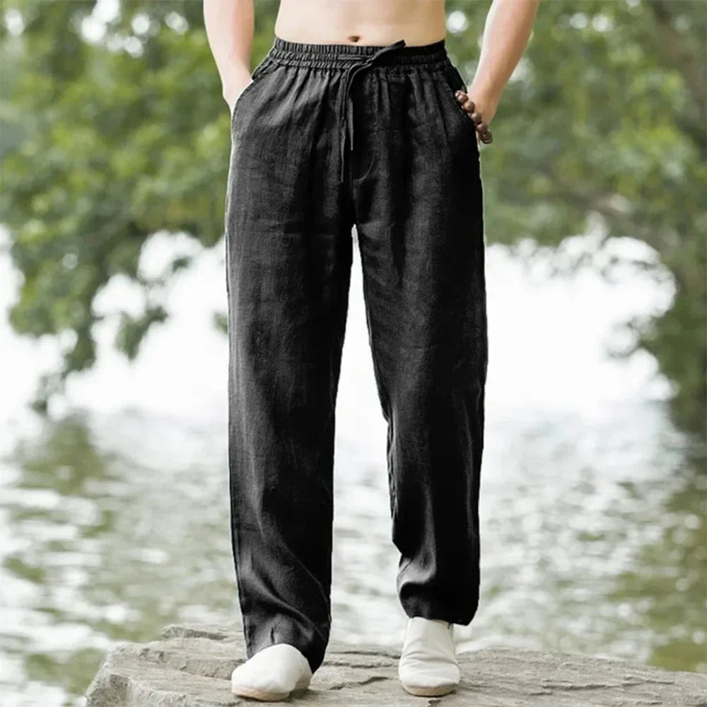 Pantaloni estivi da uomo in cotone e lino oversize a gamba larga