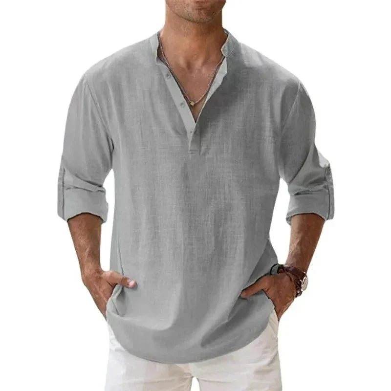 Camicie Henley da uomo a maniche lunghe, in cotone-lino, stile streetwear, leggere