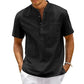 Camicia da uomo in cotone e lino, collo Henley, con tasca, casual da spiaggia