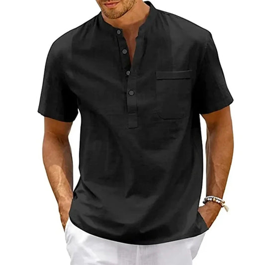 Camicia da uomo in cotone e lino, collo Henley, con tasca, casual da spiaggia