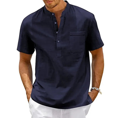 Camicia da uomo in cotone e lino, collo Henley, con tasca, casual da spiaggia