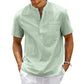Camicia da uomo in cotone e lino, collo Henley, con tasca, casual da spiaggia