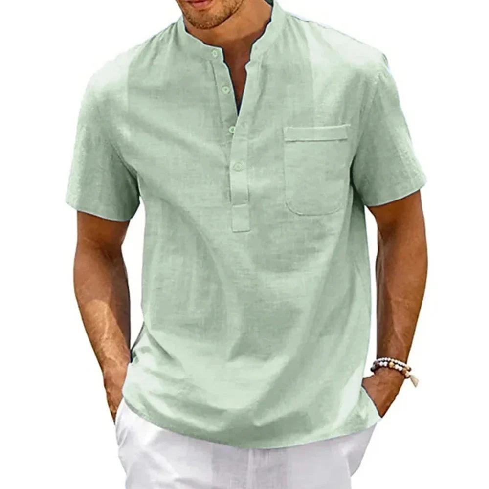 Camicia da uomo in cotone e lino, collo Henley, con tasca, casual da spiaggia