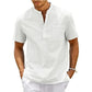 Camicia da uomo in cotone e lino, collo Henley, con tasca, casual da spiaggia