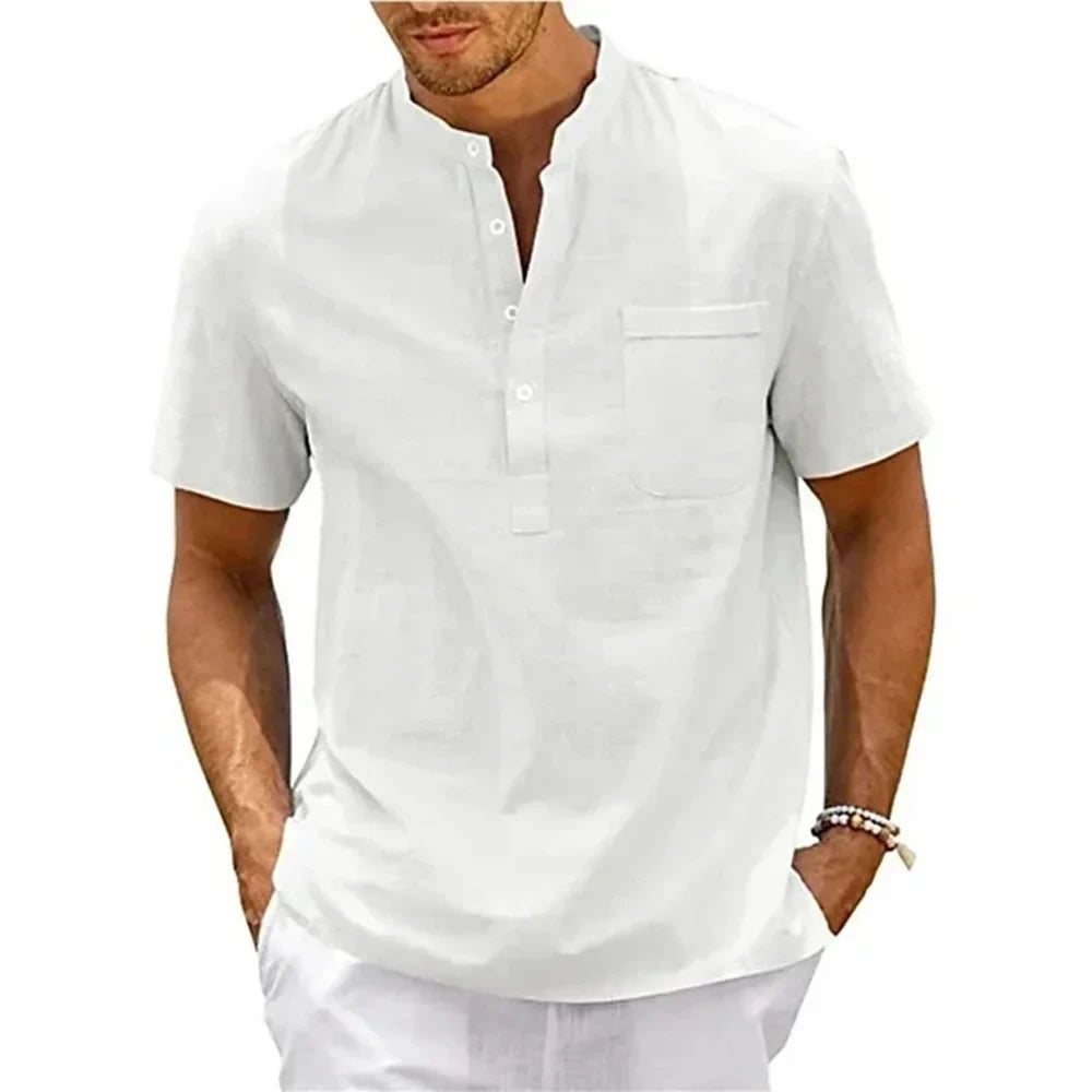 Camicia da uomo in cotone e lino, collo Henley, con tasca, casual da spiaggia