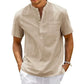 Camicia da uomo in cotone e lino, collo Henley, con tasca, casual da spiaggia